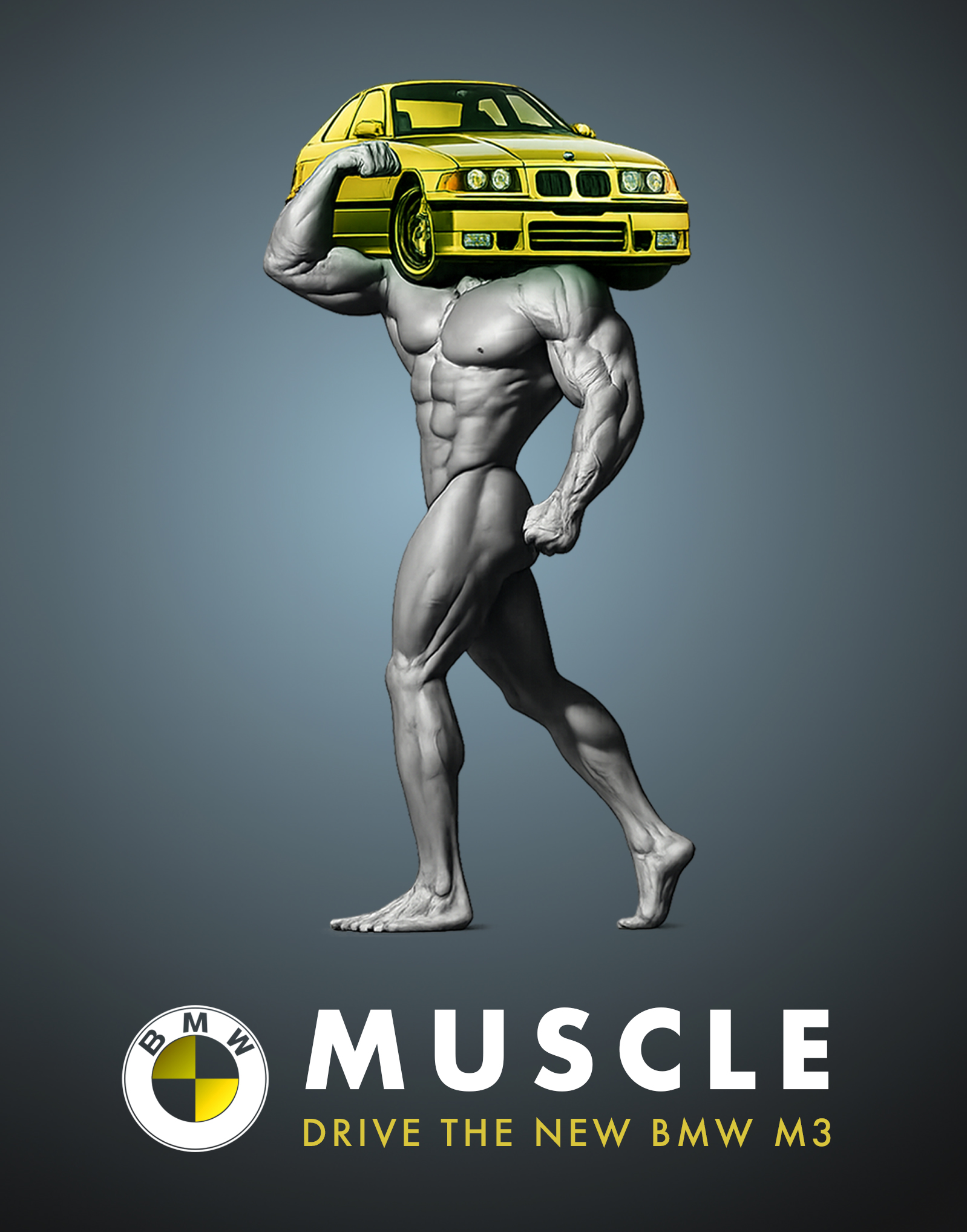 Spec ad campaign for BMW — MUSCLE — Jane Rubin: Creative Director, Art Director, Designer, Copywriter; Copyright Jane Rubin 1995